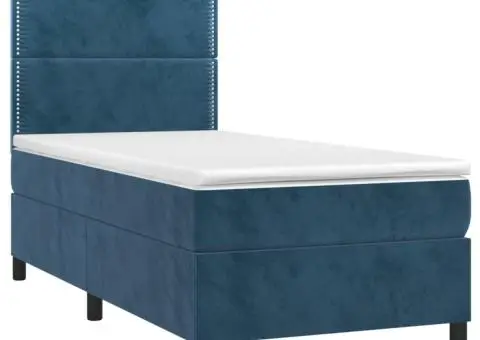 Pat cu arcuri, saltea și LED, bleumarin, 90x190 cm, catifea - 3/5