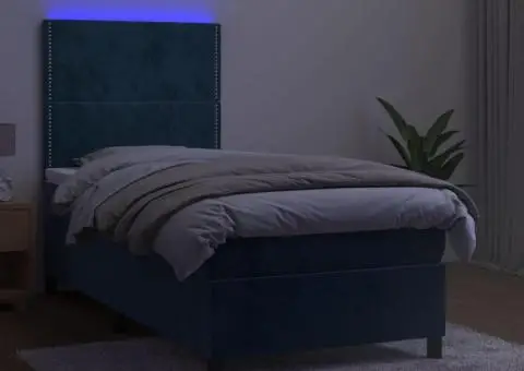 Pat cu arcuri, saltea și LED, bleumarin, 90x190 cm, catifea - 4/5