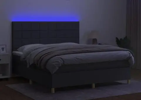 Pat cu arcuri, saltea și LED, gri închis, 180x200 cm, textil - 4/5