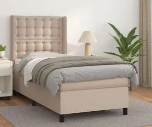 vidaXL Pat box spring cu saltea, cappuccino, 90x200 cm piele ecologică