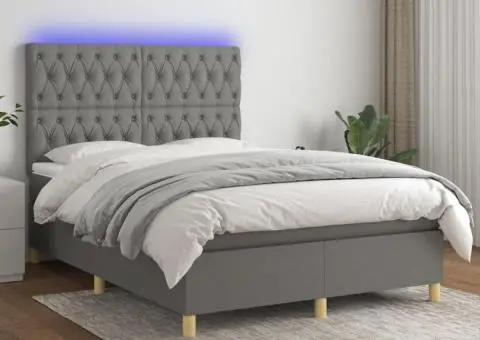 Pat cu arcuri, saltea și LED, gri închis, 140x190 cm, textil - 1/5