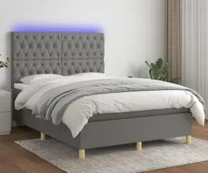 vidaXL Pat cu arcuri, saltea și LED, gri închis, 140x190 cm, textil