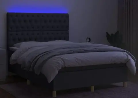 Pat cu arcuri, saltea și LED, gri închis, 140x190 cm, textil - 4/5