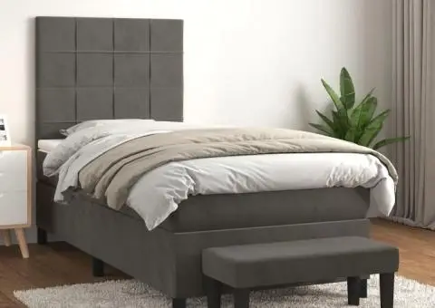 Pat box spring cu saltea, gri închis, 90x200 cm, catifea - 1/5