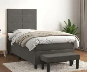 vidaXL Pat box spring cu saltea, gri închis, 90x200 cm, catifea