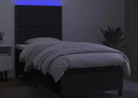 Pat cu arcuri, saltea și LED, negru, 90x190 cm, textil - 4/5