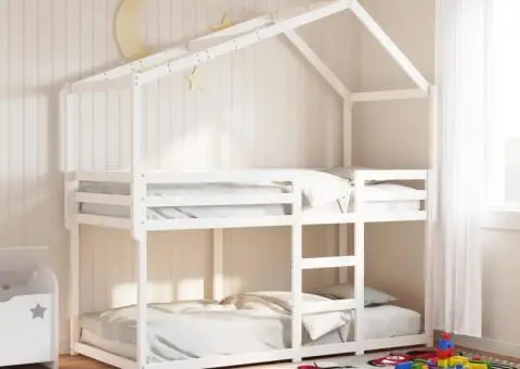 Pat supraetajat cu acoperiș, alb, 90x190 cm, lemn masiv de pin - 1/5