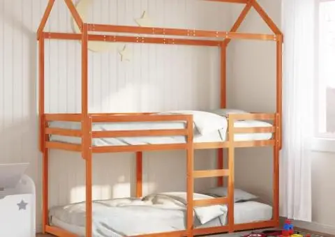 Pat supraetajat cu acoperiș maro ceruit 80x200cm lemn masiv pin - 1/5