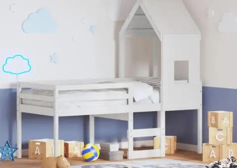 Pat înalt cu acoperiș, alb, 80x200 cm, lemn masiv de pin - 1/5