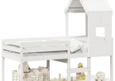 Pat înalt cu acoperiș, alb, 80x200 cm, lemn masiv de pin - 2/5