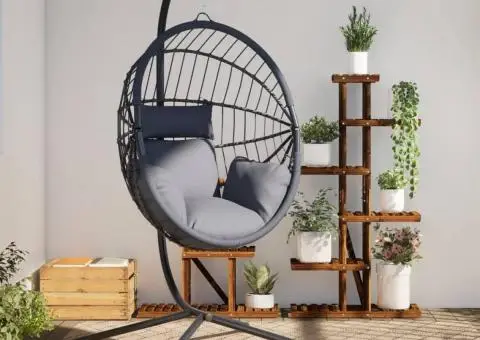 Scaun suspendat tip ou, cu suport, gri deschis, ratan și oțel - 1/5