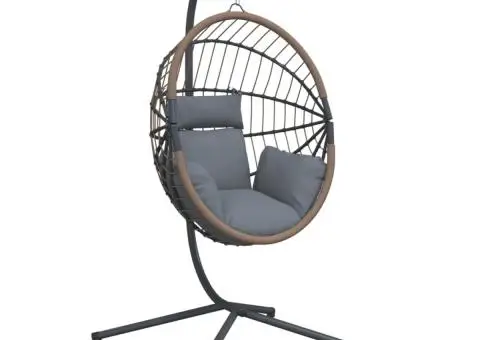 Scaun suspendat tip ou, cu suport, gri deschis, ratan și oțel - 2/5