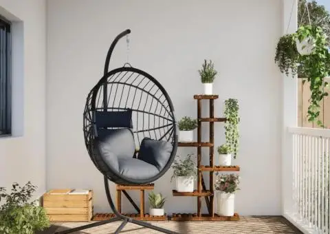 Scaun suspendat tip ou, cu suport, gri deschis, ratan și oțel - 3/5