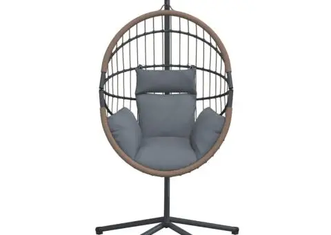 Scaun suspendat tip ou, cu suport, gri deschis, ratan și oțel - 4/5