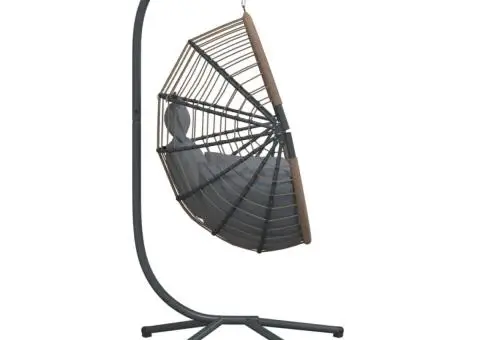 Scaun suspendat tip ou, cu suport, gri deschis, ratan și oțel - 5/5