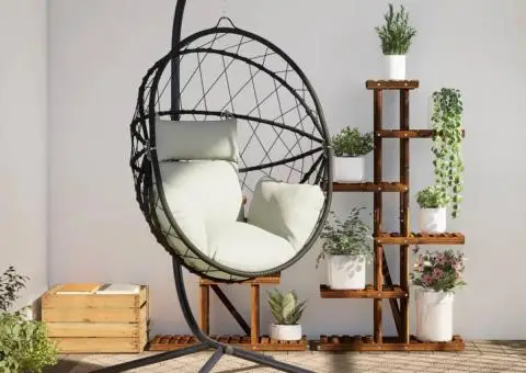 Scaun suspendat tip ou, cu suport, bej, ratan și oțel - 1/5