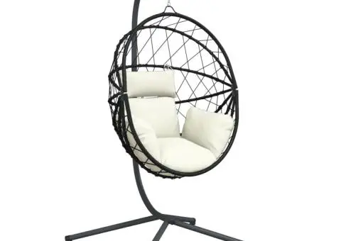 Scaun suspendat tip ou, cu suport, bej, ratan și oțel - 2/5