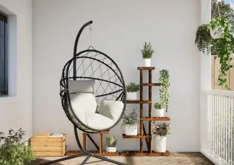 Scaun suspendat tip ou, cu suport, bej, ratan și oțel - 3/5