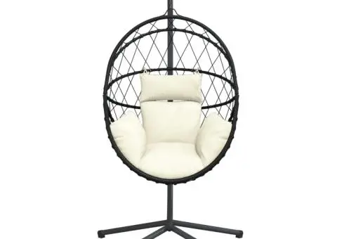 Scaun suspendat tip ou, cu suport, bej, ratan și oțel - 4/5