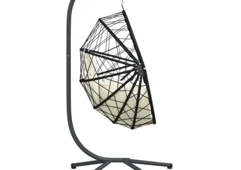 Scaun suspendat tip ou, cu suport, bej, ratan și oțel - 5/5