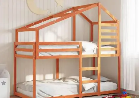 Pat supraetajat cu acoperiș maro ceruit 75x190cm lemn masiv pin - 1/5