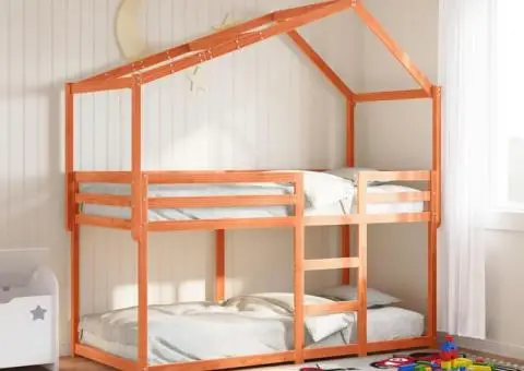 Pat supraetajat cu acoperiș maro ceruit 75x190cm lemn masiv pin - 1/5