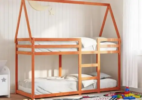 Pat supraetajat cu acoperiș maro ceruit 75x190cm lemn masiv pin - 1/5