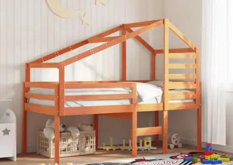 Pat înalt cu acoperiș, maro ceruit, 80x200 cm, lemn masiv pin - 1/5