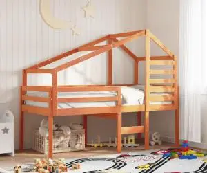 vidaXL Pat înalt cu acoperiș, maro ceruit, 80x200 cm, lemn masiv pin