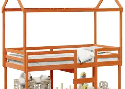 Pat înalt cu acoperiș, maro ceruit, 80x200 cm, lemn masiv pin - 1/5