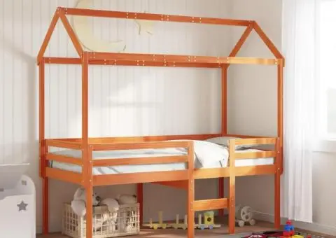 Pat înalt cu acoperiș, maro ceruit, 80x200 cm, lemn masiv pin - 3/5