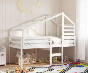 vidaXL Pat înalt cu acoperiș, alb, 90x190 cm, lemn masiv de pin