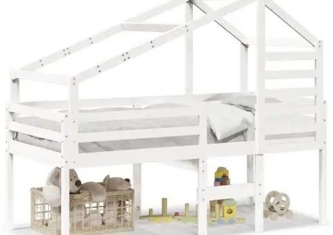 Pat înalt cu acoperiș, alb, 90x190 cm, lemn masiv de pin - 2/5