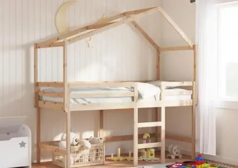 Pat etajat cu scară și acoperiș, alb, 80x200 cm, lemn masiv pin - 1/5