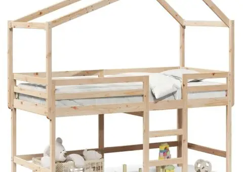 Pat etajat cu scară și acoperiș, alb, 80x200 cm, lemn masiv pin - 2/5