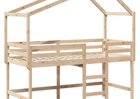 Pat etajat cu scară și acoperiș, alb, 80x200 cm, lemn masiv pin - 3/5