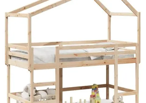 Pat etajat cu scară și acoperiș, alb, 90x200 cm, lemn masiv pin - 2/5