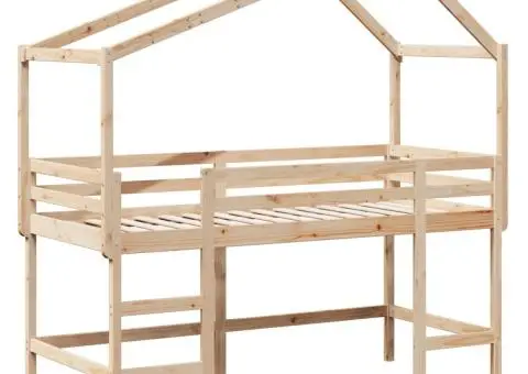 Pat etajat cu scară și acoperiș, alb, 90x200 cm, lemn masiv pin - 3/5