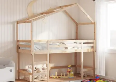 Pat etajat cu scară și acoperiș, alb, 80x200 cm, lemn masiv pin - 1/5