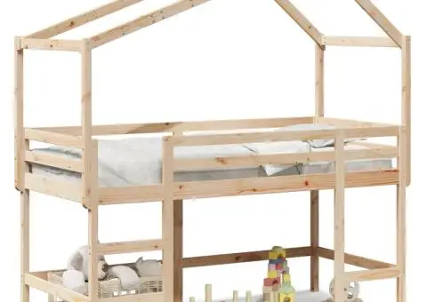 Pat etajat cu scară și acoperiș, alb, 80x200 cm, lemn masiv pin - 2/5