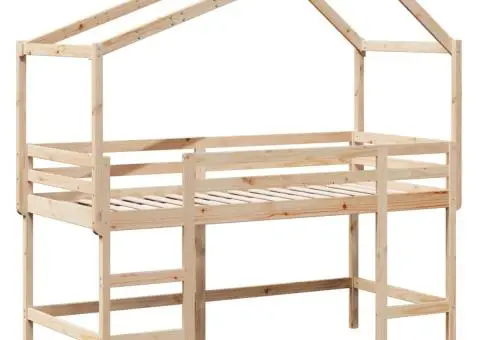 Pat etajat cu scară și acoperiș, alb, 80x200 cm, lemn masiv pin - 3/5