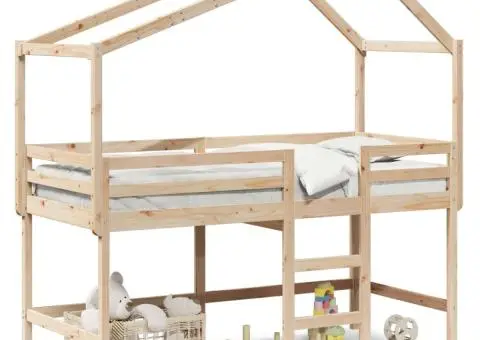 Pat etajat cu scară și acoperiș, alb, 90x200 cm, lemn masiv pin - 2/5