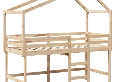 Pat etajat cu scară și acoperiș, alb, 90x200 cm, lemn masiv pin - 3/5