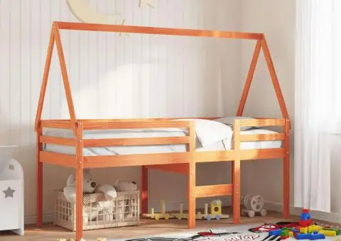 Pat înalt de dormitor, maro ceruit, 90x190cm, lemn masiv de pin - 1/5