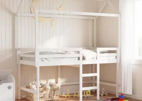 Pat etajat cu scară și acoperiș, alb, 90x190 cm, lemn masiv pin - 1/5