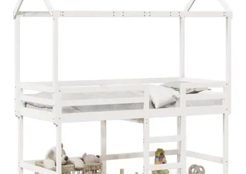 Pat etajat cu scară și acoperiș, alb, 90x190 cm, lemn masiv pin - 2/5