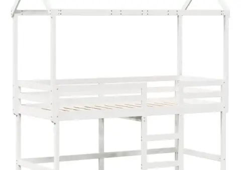 Pat etajat cu scară și acoperiș, alb, 90x190 cm, lemn masiv pin - 3/5