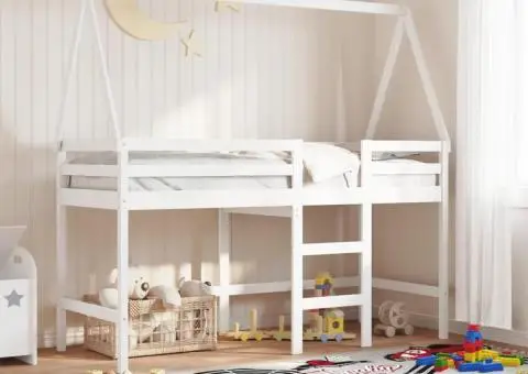 Pat etajat cu scară și acoperiș, alb, 90x190 cm, lemn masiv pin - 1/5