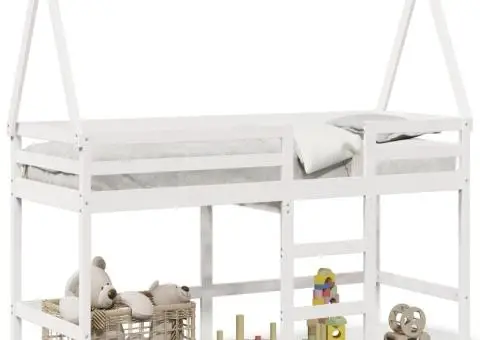 Pat etajat cu scară și acoperiș, alb, 90x190 cm, lemn masiv pin - 2/5