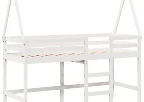 Pat etajat cu scară și acoperiș, alb, 90x190 cm, lemn masiv pin - 3/5